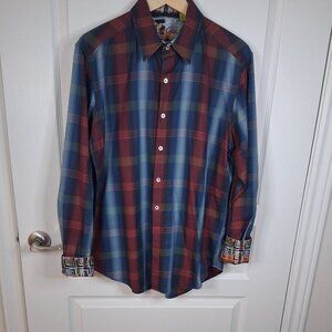 Robert Graham Shirt Men's M Button Down Long Sleeve Blue Red Cotton Flip Cuff